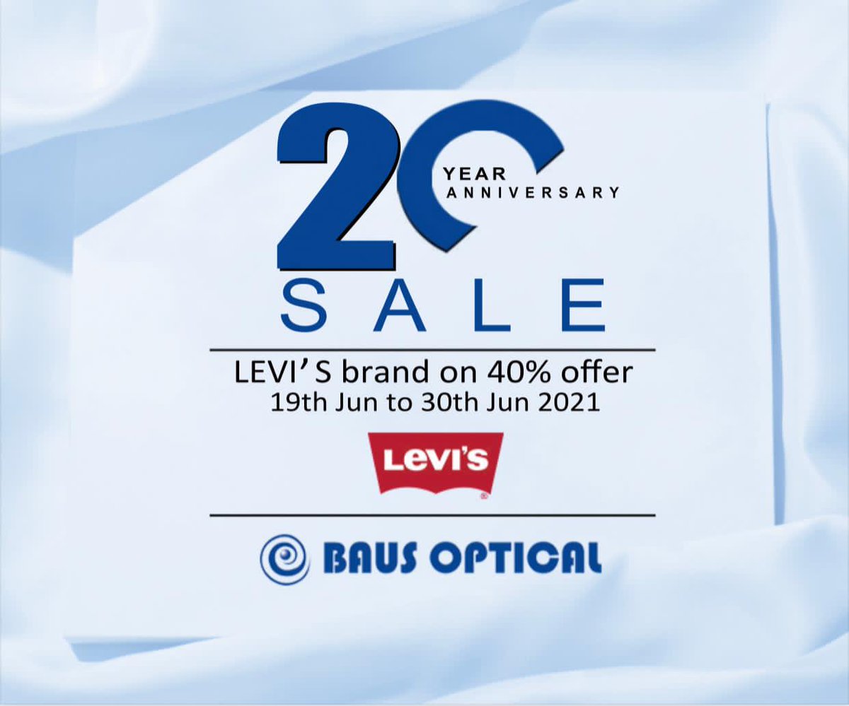 BausOptical_Ke's tweet photo. As we celebrate 20 Years of service, we are excited to announce a 40% off on LEVI'S brand in all our shops countrywide. #BAUSAT20 #bausat20 #20YRSOFSERVICE https://t.co/nJdnXq9dcp