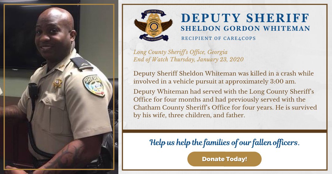 Your donations have helped us aid families for officers like Deputy Sheriff Sheldon Whiteman. Deputy Sheriff Whiteman lost his life in the line of duty. His family and others like his deserve peace of mind. Make a donation to Care4Cops today!

qoo.ly/3cr5at