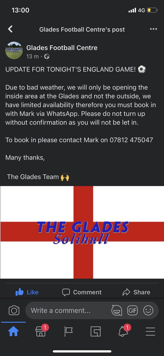 Update for tonight’s England game <a href="/gladesfc/">Glades FC</a>