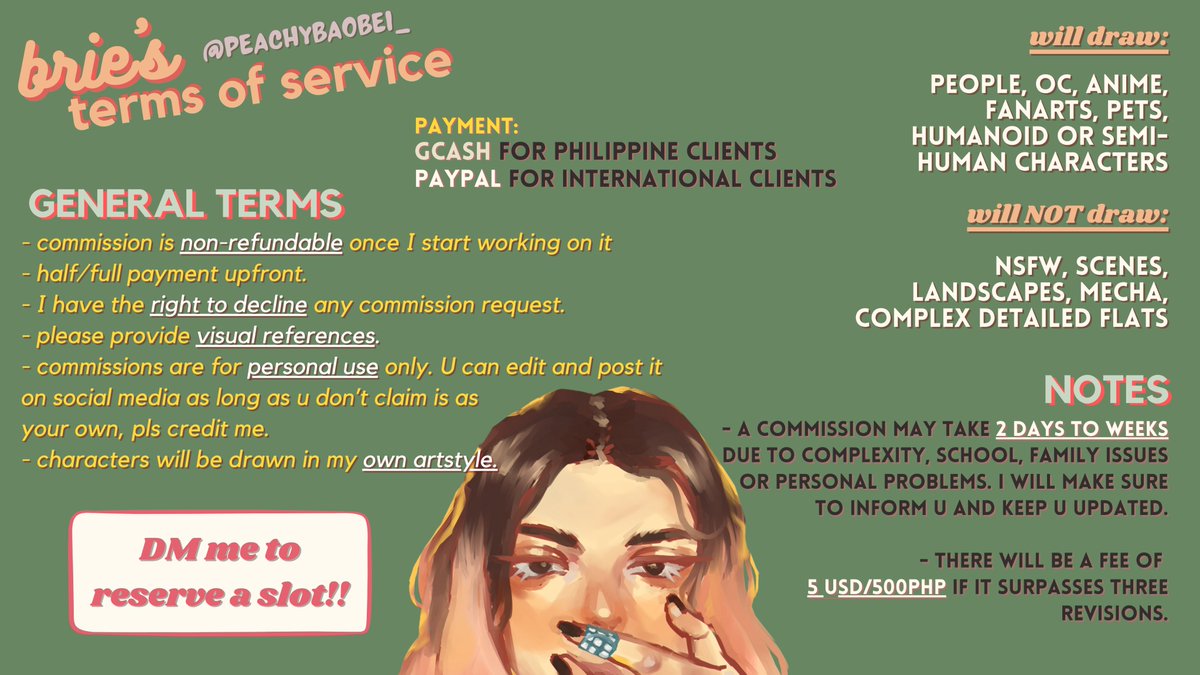 BRIEISPEACHY's tweet photo. ‼️ COMMISSIONS ARE OPEN ‼️
[retweets and fleets very much appreciated]

henlo! I have a semi-realistic painterly style, if you're interested please dm me to reserve a slot! ✨💚

#ArtistOnTwitter #commissionsopen #commission https://t.co/FWGfU5LKPr