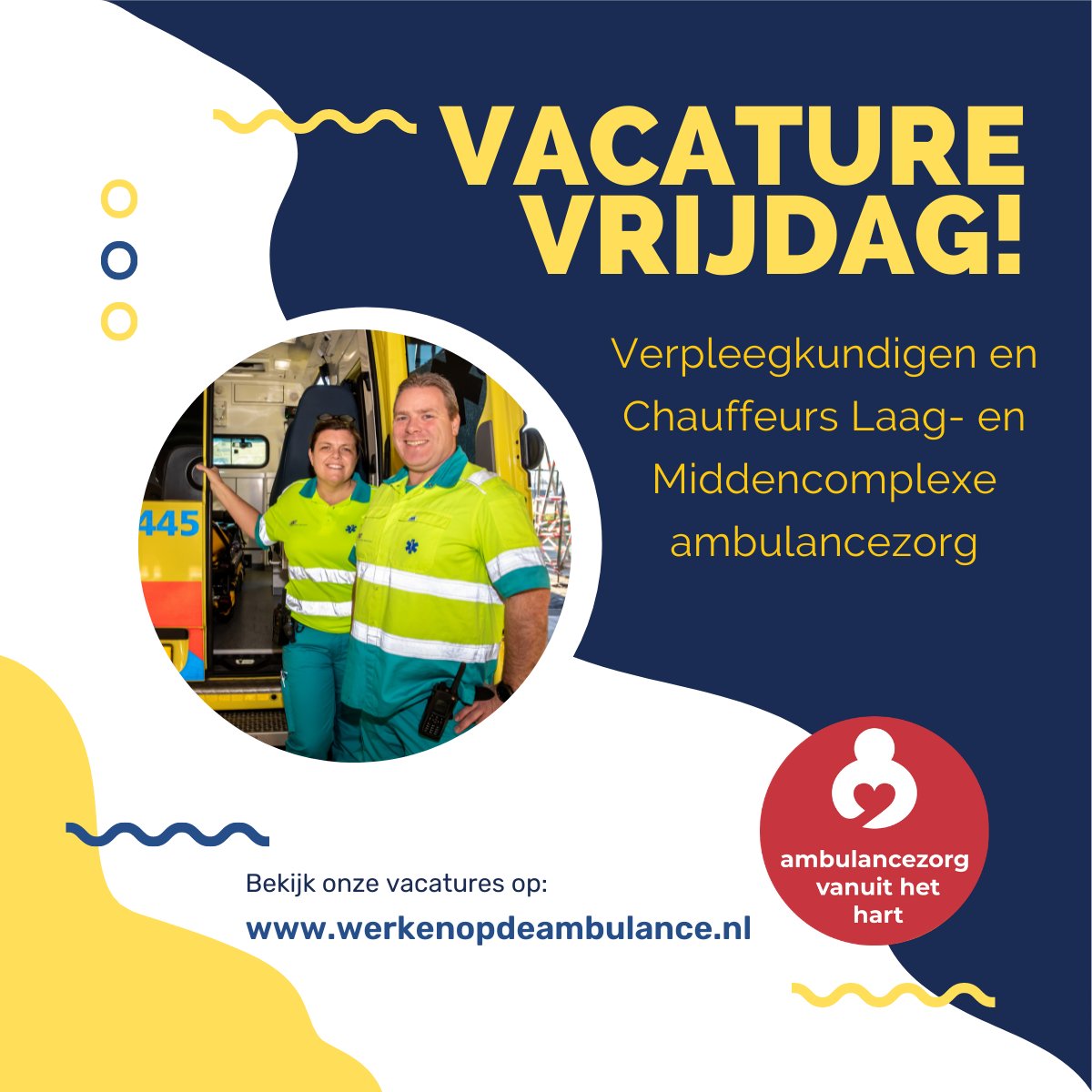 RAVBrabantMWN's tweet photo. VACATURE VRIJDAG!
Wij zijn op zoek naar verpleegkundigen en chauffeurs Laag- en Middencomplex vervoer voor gepland vervoer van patiënten die op dat moment geen acute medisch zorg nodig hebben. 
Bekijk de vacatures op LinkedIn:
https://t.co/sH9xGB9pCf
https://t.co/psQ1PYoLGw https://t.co/WbzgAKbaAu