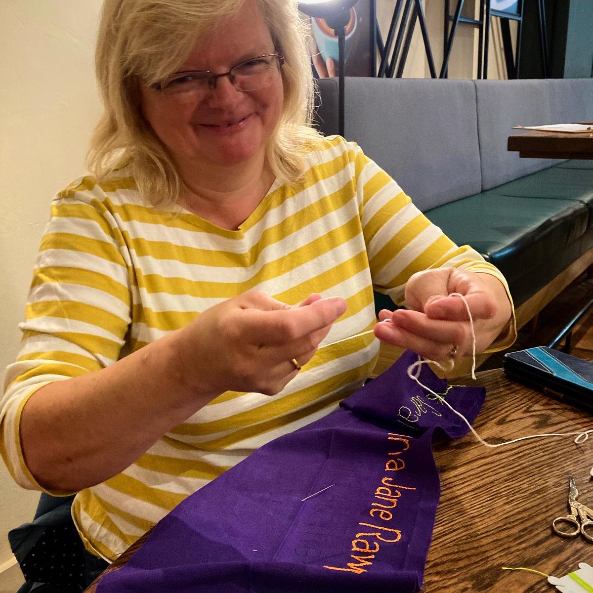Laura_Burrill_'s tweet photo. Todayโs #StitchingSisters session was so much fun. A chance to make new friends & reacquaint with old, brought together by a belief in the reflective, repairing & empowering properties of collaborative craft.
#BannerMaking #FeministEmbroidery #FinishTheWalk #Derby #MadeInDerby https://t.co/UxxMchbD68