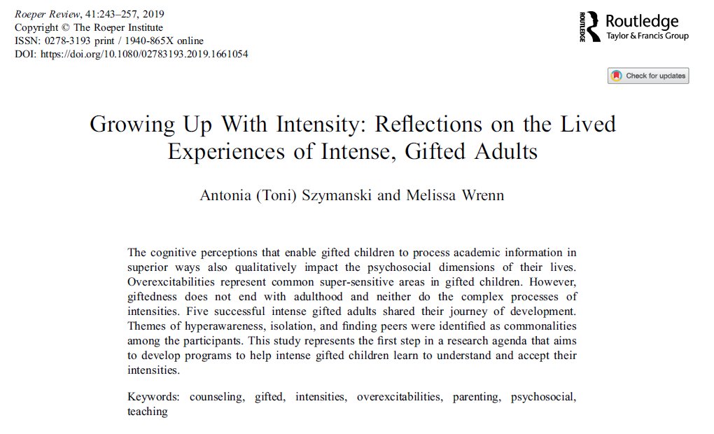elpsycomago's tweet image. 🗣️ LECTURA RECOMENDADA: "Growing Up With Intensity: Reflections on the Lived Experiences of Intense, Gifted Adults" (Szymanski &amp;amp; Wrenn, 2019) doi.org/10.1080/027831… Paso texto completo por DM cc @EducacionUNED #counseling #gifted #intensities #overexcitabilities