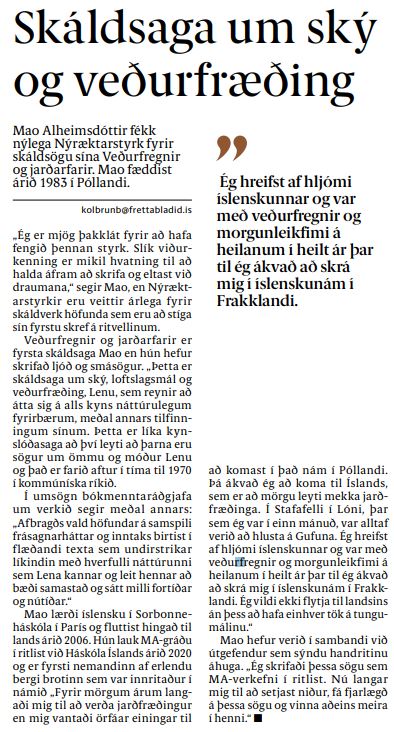 IceLitCenter's tweet photo. Mao Alheimsdóttir hlaut Nýræktarstyrk Miðstöðvar íslenskra bókmennta nýlega. Í Fréttablaðsinu segir hún meðal annars: „Ég er mjög þakklát fyrir að hafa fengið þennan styrk. Slík viðurkenning er mikil hvatning til að halda áfram að skrifa og eltast við draumana.“ https://t.co/HWHsQmny9C