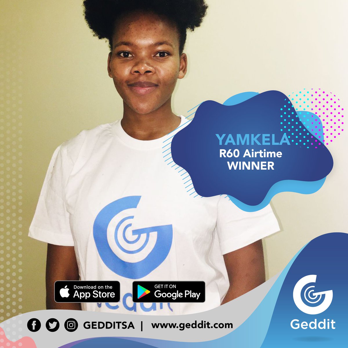 GedditSa's tweet photo. Be like #Yamkela download #GedditSA, play and you could win funky prizes like R60 #airtime. Congratulations! #gaming #Competitions https://t.co/zJxFumQps0
