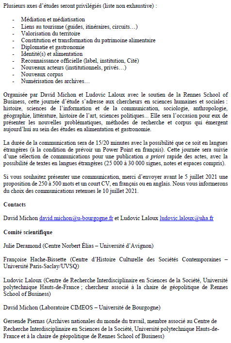 ⚠️🧐Envie d'échanger sur vos recherches en cours en alimentation &amp; gastronomie ? Puis de les publier ? 

Cet appel est fait pour vous !

DD 5 juillet, journée d'étude le 3 septembre puis projet de publication.
#communication #SHS #international #interdisciplinaire
⬇️⬇️⬇️
