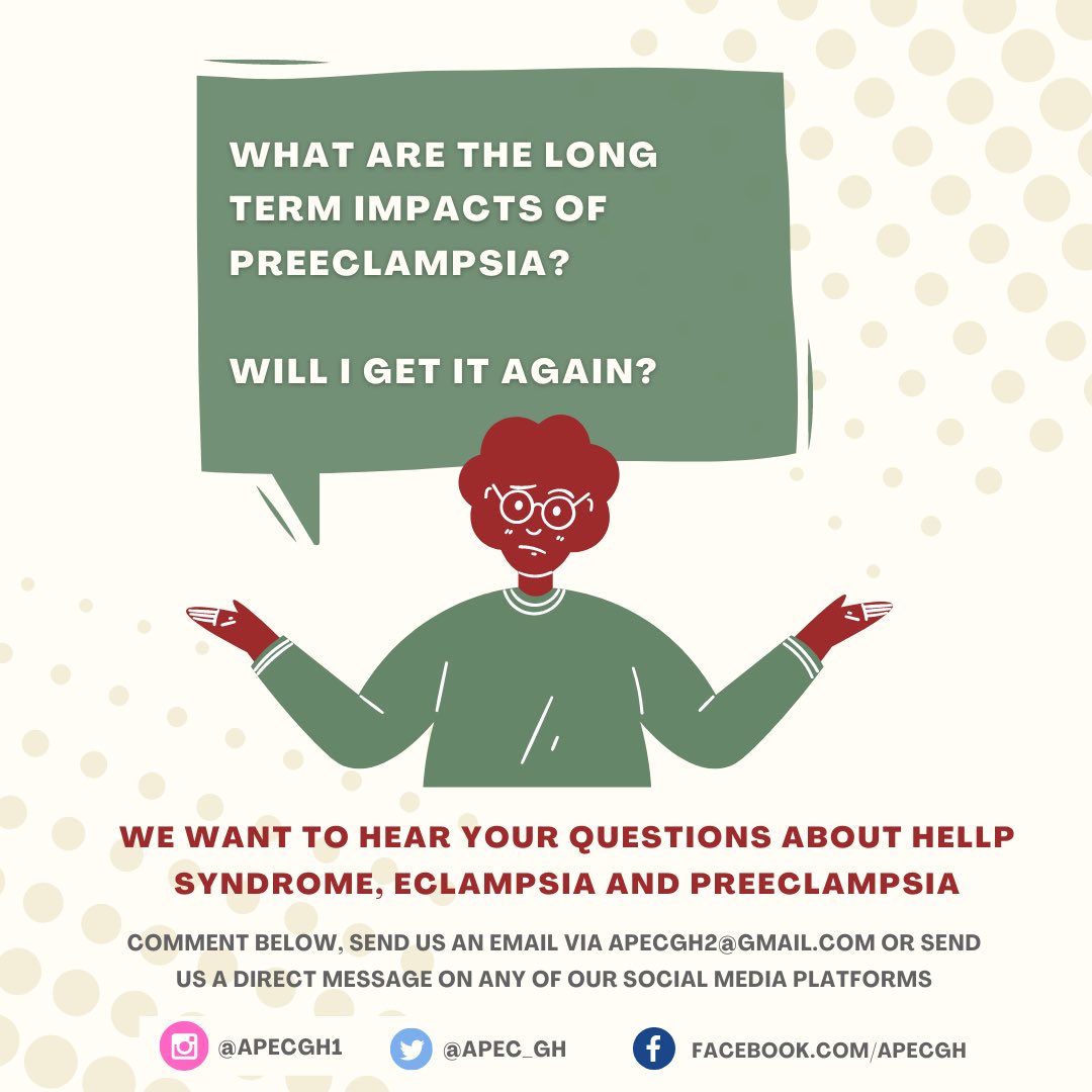 Do you have questions about Preeclampsia, Eclampsia or HELLP Syndrome ?  Do you know the long-term impact of Preeclampsia? Are you worried you will get Preeclampsia again?  

See below..
#preeclampsiaawareness
#NoWomanshoulddieGivingLife
#Ghana
#Africa
