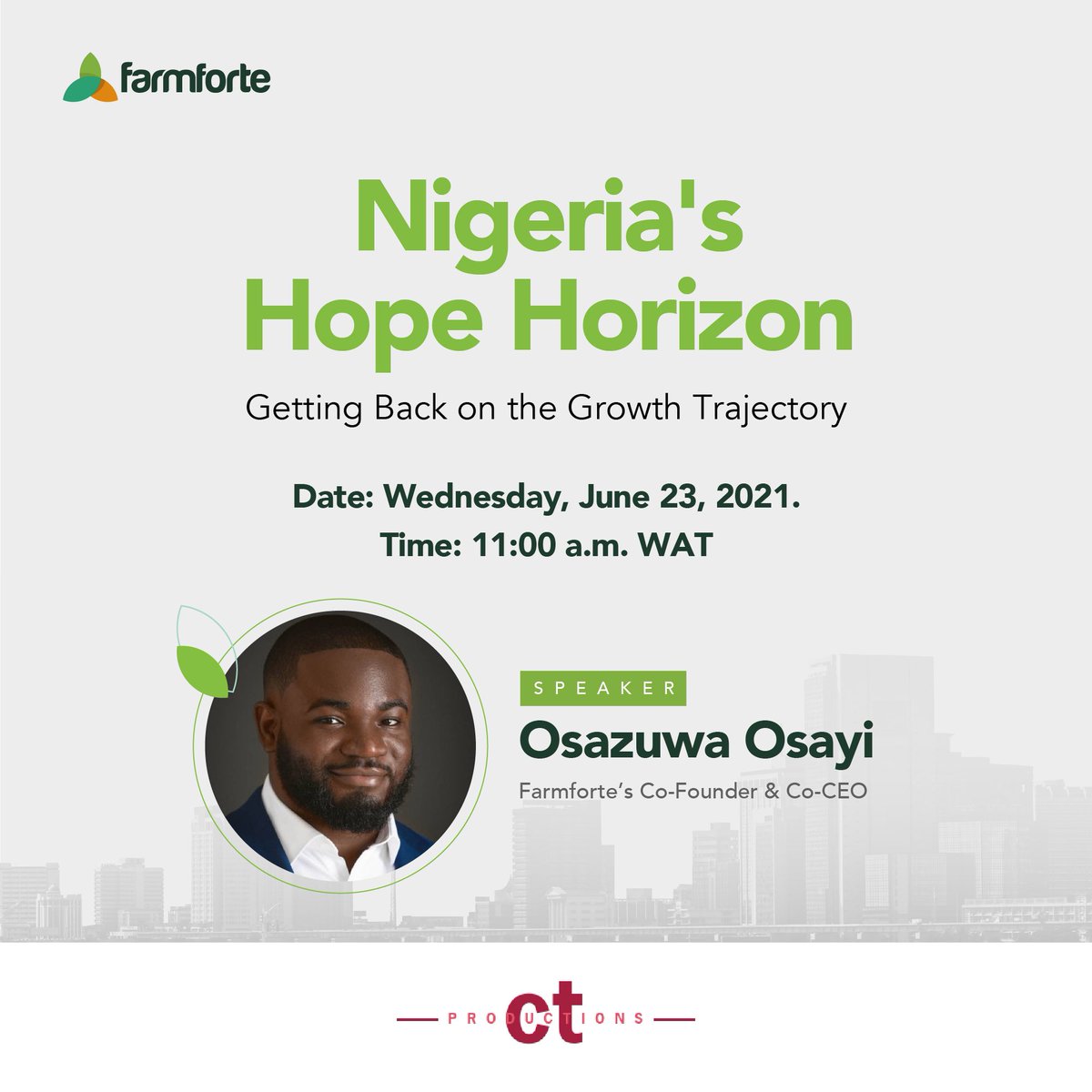 FarmforteE's tweet photo. As economies recover in a post-pandemic world, our Co-CEO &amp; Co-Founder - Osayi Osazuwa will be a panelist on June 23, 11:00 a.m. WAT on @CTProductionsco - Growth Sectors &amp; Strategies discussion, which will be moderated by @TheEconomist 

#Farmforte #Sustainability #AgriBusiness https://t.co/YPfXqXMbv1