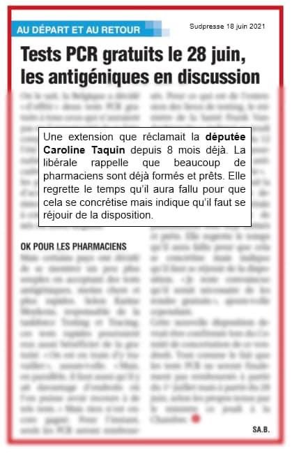 TaquinCaroline's tweet photo. Test antigénique en pharmacie - Ma proposition prise en compte par le Ministre ✅ Intégration des #pharmaciens, + de lieux de testing, moindre coût, sans labo résultats en 30 min. Bonne nouvelle pour les citoyens. 
#MR #covid #testing #mieuxvauttardquejamais @sudpresseonline https://t.co/RrwZkiSNXO