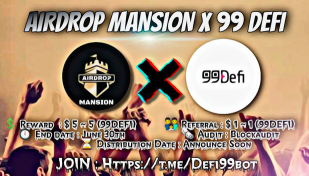 99DEFI : 
Decentralized
P2P network
for secured loans.
​​🚀 <a href="/MansionAirdrop/">AirdropMansion</a>  ⚔ 99DEFI
💲 Reward  : $ 5 
👨‍👨‍👧 Referral : $ 1 
🗞️ Audit : Blockaudit 
⏱️ End date : June 30th
🔘 Rate :  ⭐️ ⭐️ ⭐️ ⭐️ 
🔸 Visit to the Airdrop Link:
 t.me/Defi99bot
⏳ Distr Date : Announce Soon