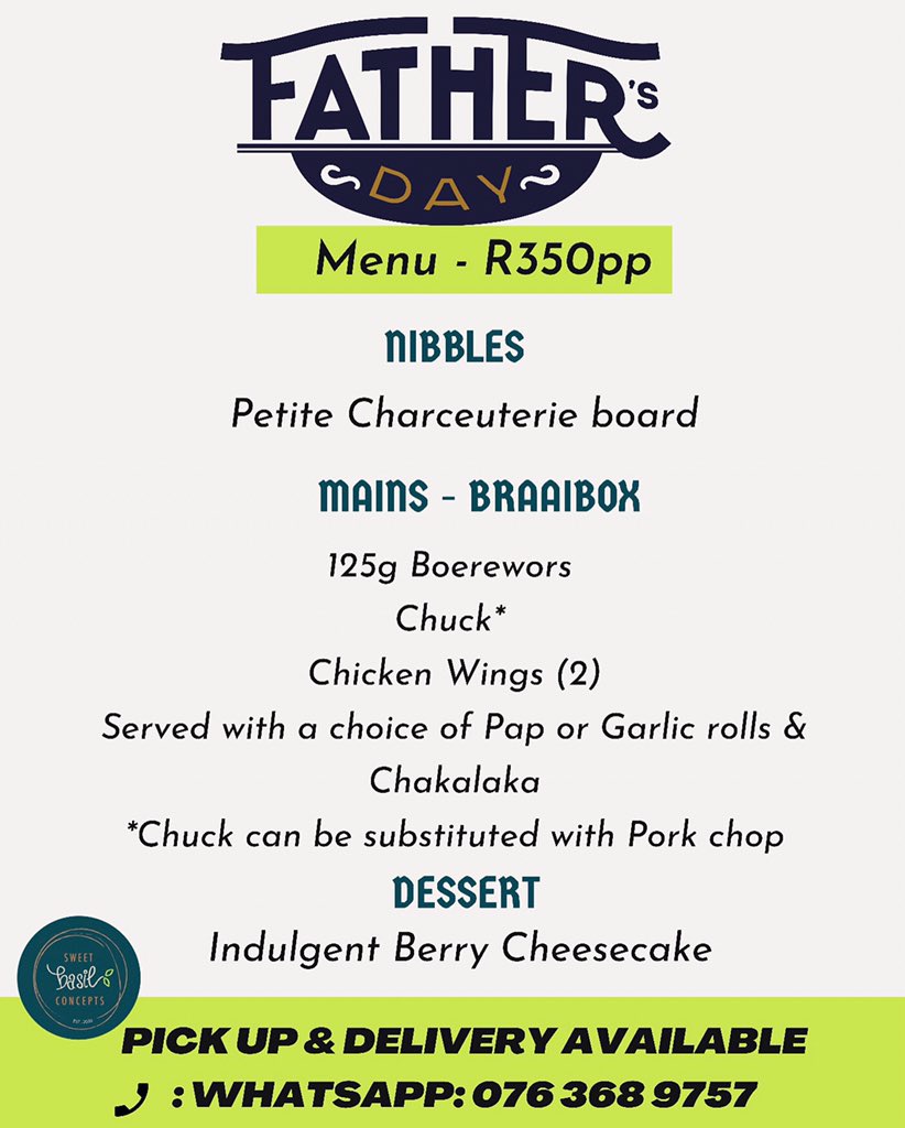 sweetbasilcon's tweet photo. Let’s braai for Fathers Day this coming Sunday, salad bar also available to accompany orders 🥗

DM/WhatsApp for orders on 076 368 9757 ☺️ 

#sweetbasilconcepts #sundaylunchtime #fooddelivery #FathersDay2021 https://t.co/eaGwWvzVJi