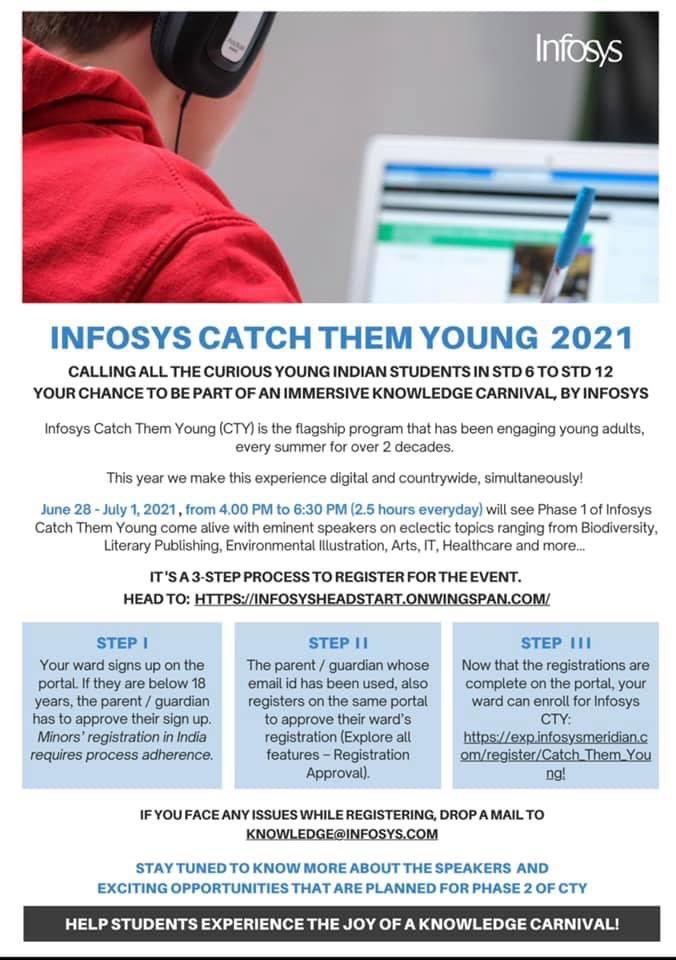 t_aarohi's tweet image. Friends, for those of you who have curious teens and/or young adult/s in your family/friends network, in India and in Grade 6 to 12, I would encourage you to ask them to register and experience Infosys Catch Them Young Digital event planned in the last week of June.
