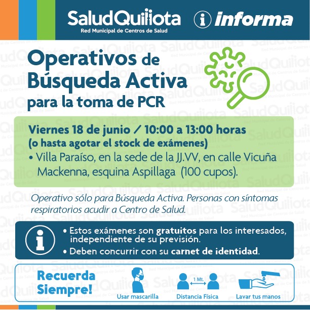 saludquillota's tweet photo. 📢Toma de #PCR hoy #Quillota 

✅Villa Paraíso. Sede JJ.VV calle Vicuña Mackenna esquina Aspillaga 
✅100 cupos
✅De 10:00 a 13:00 hrs (o hasta agotar stock de exámenes) 

💢Operativo sólo para Búsqueda Activa. Personas con síntomas respiratorios deben acudir a un centro de salud https://t.co/3emuLjHeMX