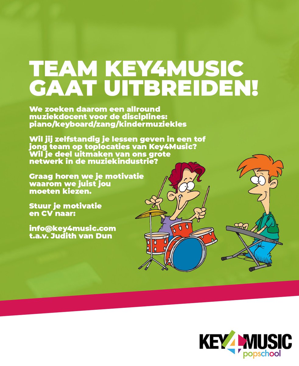 Key4Music gaat verder uitbreiden in Oirschot, Best en Son&amp;Breugel. We willen graag een gemotiveerde, vrolijke en kundige docent in ons toffe team. Ben jij dat? Laat het ons dan snel weten. In de week van 28 juni starten de sollicitatiegesprekken.