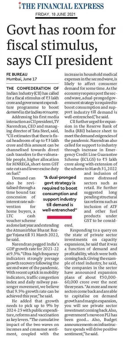 India’s GDP growth rate for 2021-22 at 9.5%. Ultra-high frequency indicators strongly presage growth recovery following the second wave of the pandemic, predicts T V Narendran, President, CII. #cii4india 
@FinMinIndia @FinancialXpress 
 https://t.co/N7mEwHxvmf https://t.co/lIlW6RCaHz