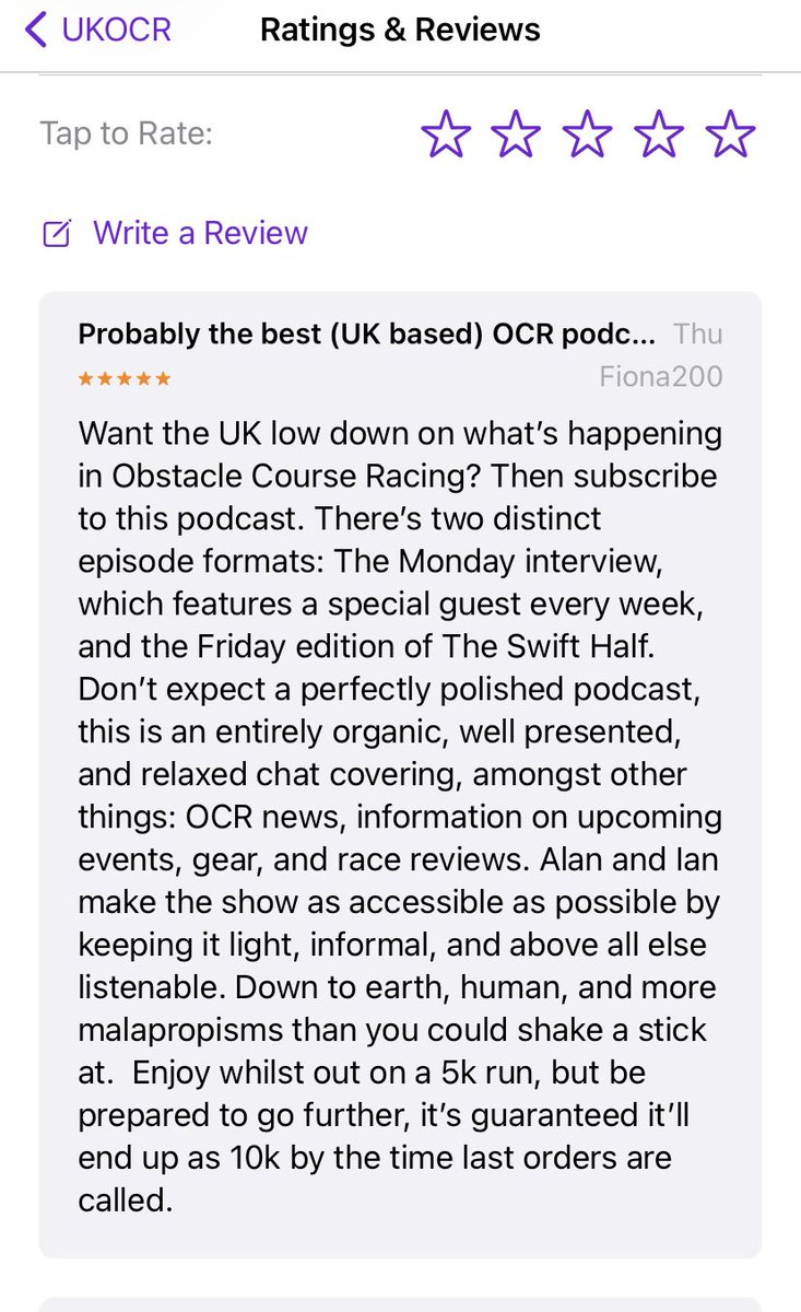 I realise that you are meant to stay humble but our small podcast got an excellent review this week so I’m sorry but I can’t help but share. Really cheered us up and helped remind us why we do it #ocr #running #podcast