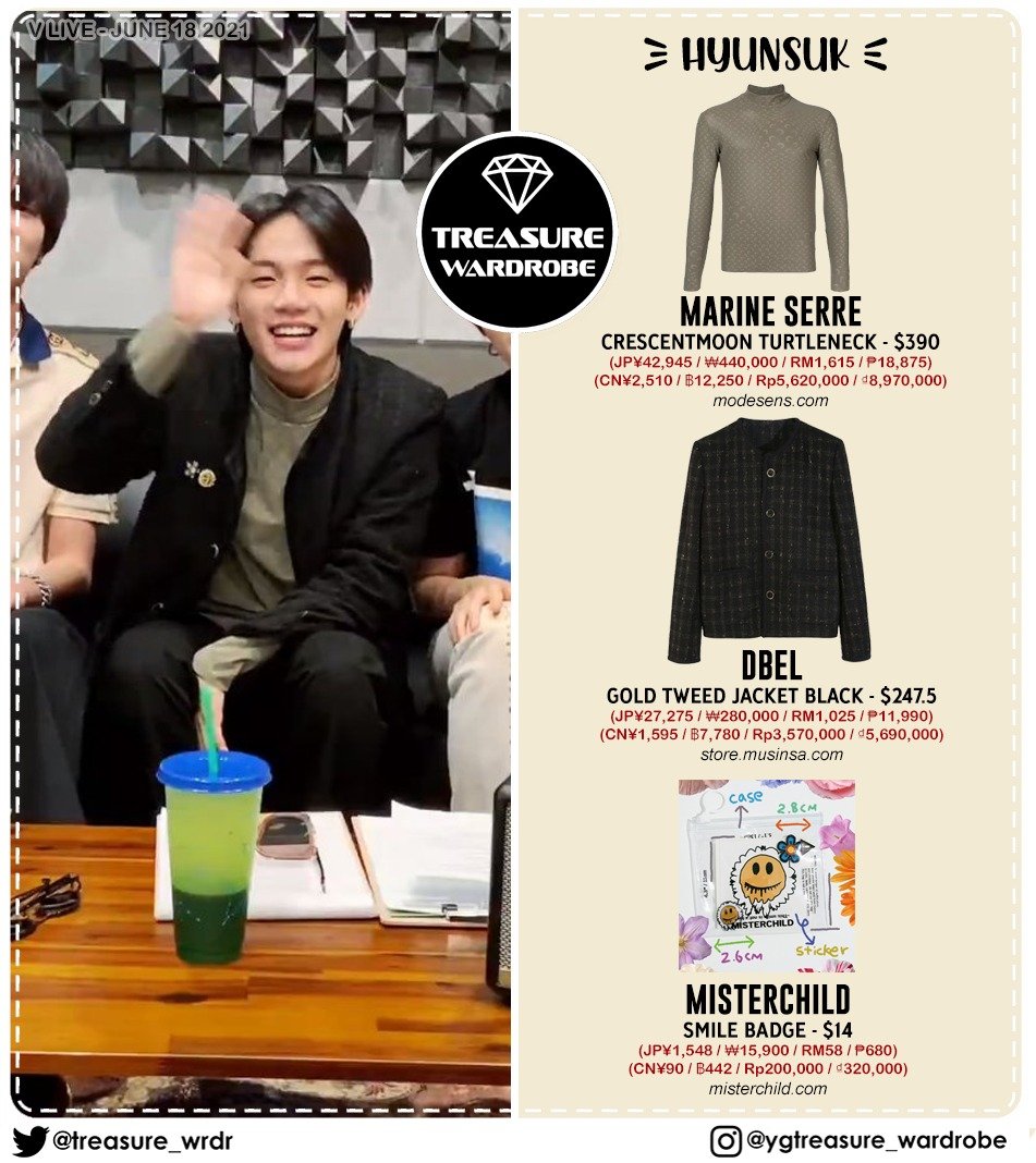 TREASURE_WRDR's tweet photo. #HARUTO wearing
#GUCCI polo interlocking G stripe
#NIKE AJ1 retro low travis scott
#HYUNSUK wearing
#MARINESERRE crescentmoon turtleneck
#DBEL tweed jacket
#MISTERCHILD smile badge
#トレジャー #TREASURE #TREASUREWARDROBE #트레저 #하루토 #CHOIHYUNSUK #최현석 https://t.co/uBX3OTHMzR