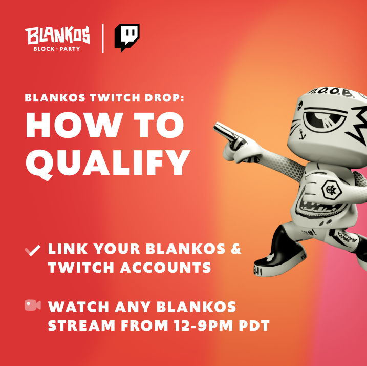 PlayBlankos's tweet photo. Watch any Blankos streamer from 12-9PM PDT today for another shot at the Blankenstein Twitch Drop!
Any Twitch streamer can activate the drop by enabling drops, connecting to the drop campaign, and streaming to Blankos Block Party on Twitch.
More details: https://t.co/umJvFT0PFd https://t.co/pvWB1GeAE9