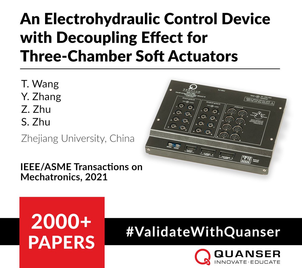 #ValidateWithQuanser: Researchers from #Zhejiang University in #China use a Quanser Q8-USB DAQ to develop a electrohydraulic control device for a three-chamber soft actuator. 

#dataacquisitiondevice #controlsystems #machinedesign