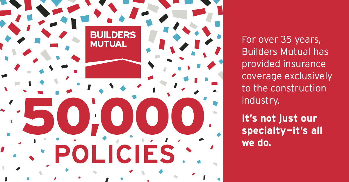 BuildersMutual's tweet photo. For over 35 years, we’ve been the industry experts in construction insurance. Thanks to our employees, agents, policyholders and industry partners we’ve crossed a major milestone of more than 50,000 policies. Join us in celebrating this great accomplishment. #atworkwithyou https://t.co/19TBbA62PT