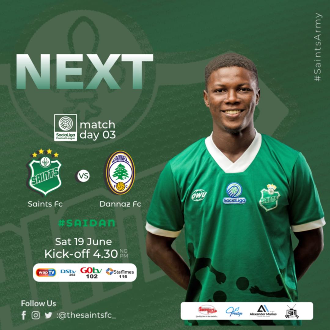 TheSaintsFC_'s tweet photo. UP NEXT | a Chance to put our season back on track.
@SociaLigaFL MD 3⃣
⚽ vs @Dannaz_football
🗒️ Saturday June 19th, 2021.
⏱️ 4:30pm.
🏟️ No Physical Attendance for Fans.
📺 @wap_tv midweek broadcast.
#DANSAI #LigaSFL #SaintsFC https://t.co/49IUphuhan