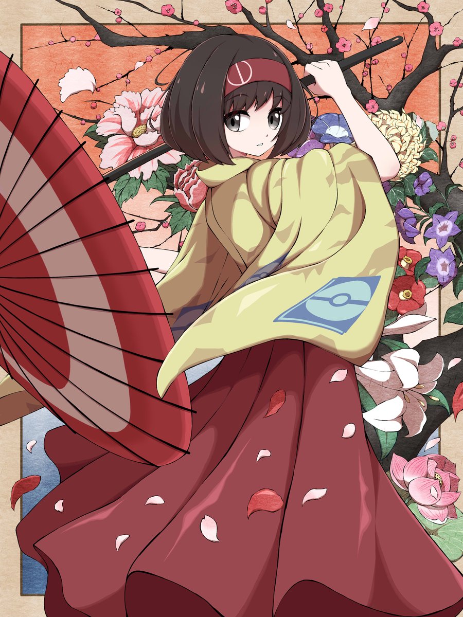 erika (pokemon) 1girl solo umbrella japanese clothes flower oil-paper umbrella hairband  illustration images