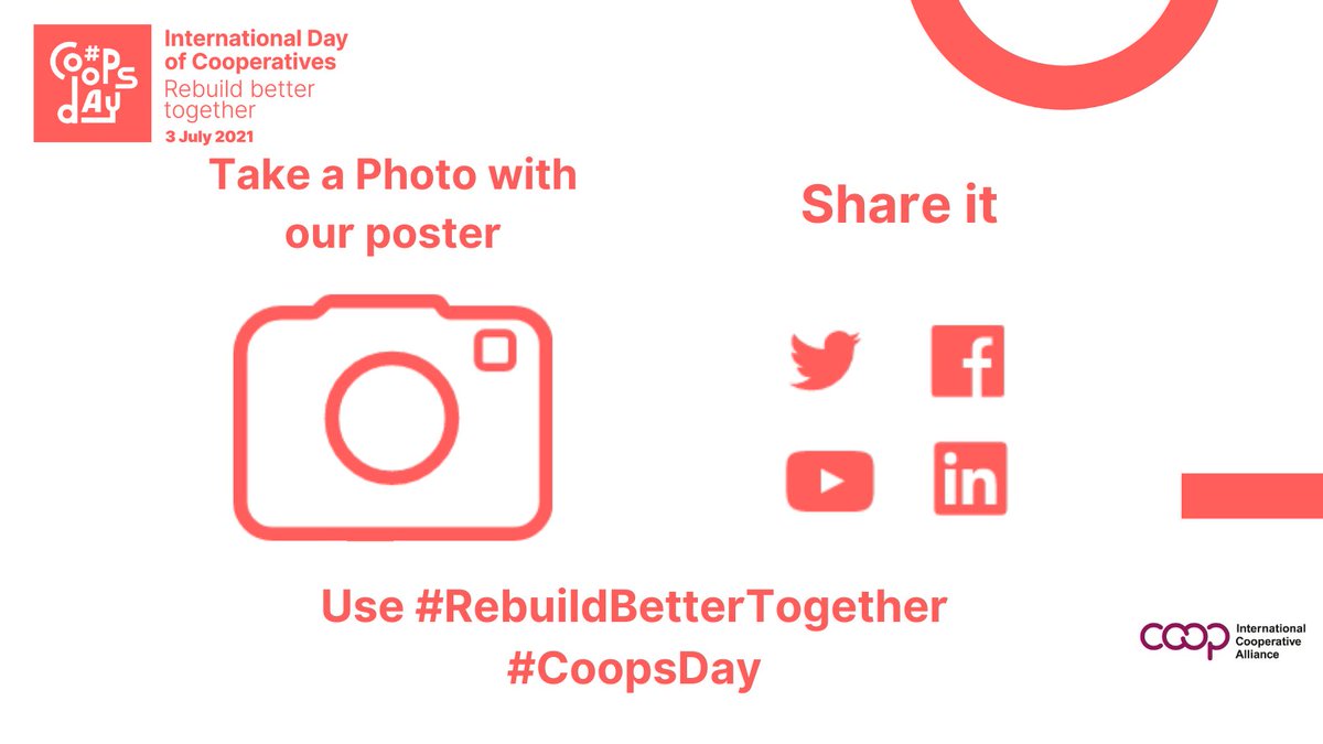 - 2 weeks⏱️

#CoopsDay calling!

Show how #cooperatives #RebuildBetterTogether 👇

📸 Take a picture with the poster

+

🗣️ Tell us how your cooperative is offering your community a people-centred and environmentally just recovery!

👀Find it all at coopsday.coop