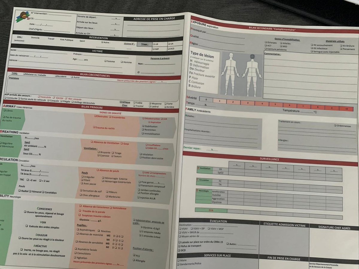 SDIS23's tweet photo. Réfléchie entre moniteurs, formation, chefs d'agres vsav et  #SSSM, la nvelle fiche bilan pr les interventions de secours à personne est sortie au #SDIS23. Prenant en compte le bilan ABCDE, elle a été imprimée en local ! Bravo à tous. #NousPompiersCreusois @MartelElsa1 https://t.co/kZMMIwqYu4
