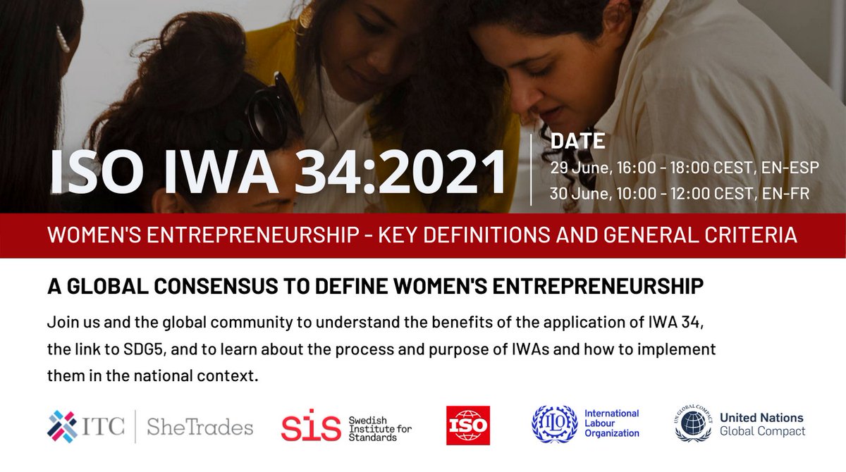 🤔What are the benefits of adopting the ISO IWA 34:2021 to women's empowerment? How can it be implemented nationally?

Join us on 29 June (EN-ESP) &amp; 30 (EN - FR) to find out!

29 June session: bit.ly/3cC07Oo
30 June session: bit.ly/35h25Qc