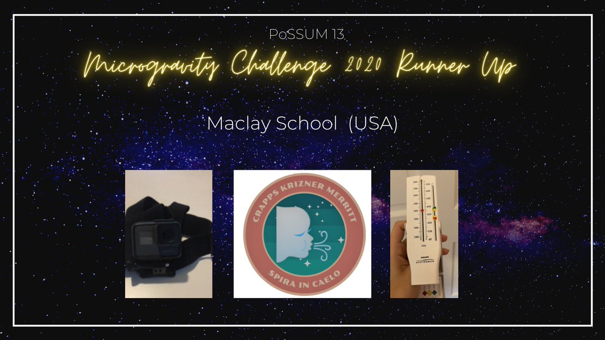 The @projectpossum13 team is pleased to announce that Lung Capacity by the Maclay School is the first Runner-Up in the PoSSUM 13 Microgravity Challenge of 2020!

Congratulations to all of the team members!  

#P13 #possum13 #mercury13  #IIAS #youthinstem #science #space #STEM