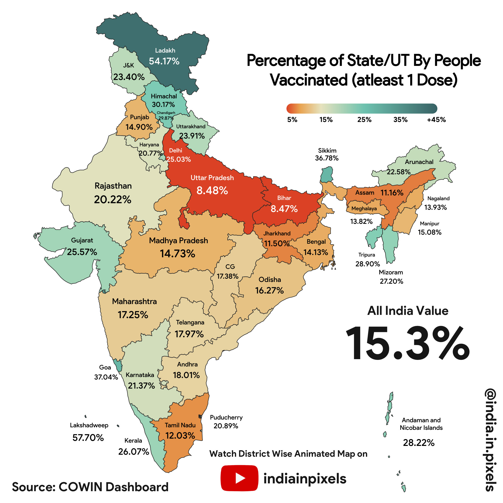 India Map District Wise India In Pixels On Twitter: "State/Ut Wise Percentage Of People Vaccinated  With Atleast One Dose As Of 16 June 2021 Watch The District Wise Map In  Animated Form: Https://T.co/Con0Rvuswr Https://T.co/Hy3I9Sfu4X" / Twitter