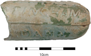 TPArchaeology's tweet photo. #FindsFriday is a 19th century ‘torpedo’ bottle, found in Nottingham. These were a type of bottle designed to be stored horizontally to allow the carbonated mineral water inside to stay fizzy. They are a frequent find on Victorian and Modern sites #PostMedievalArchaeology https://t.co/ph9FHWvzNl