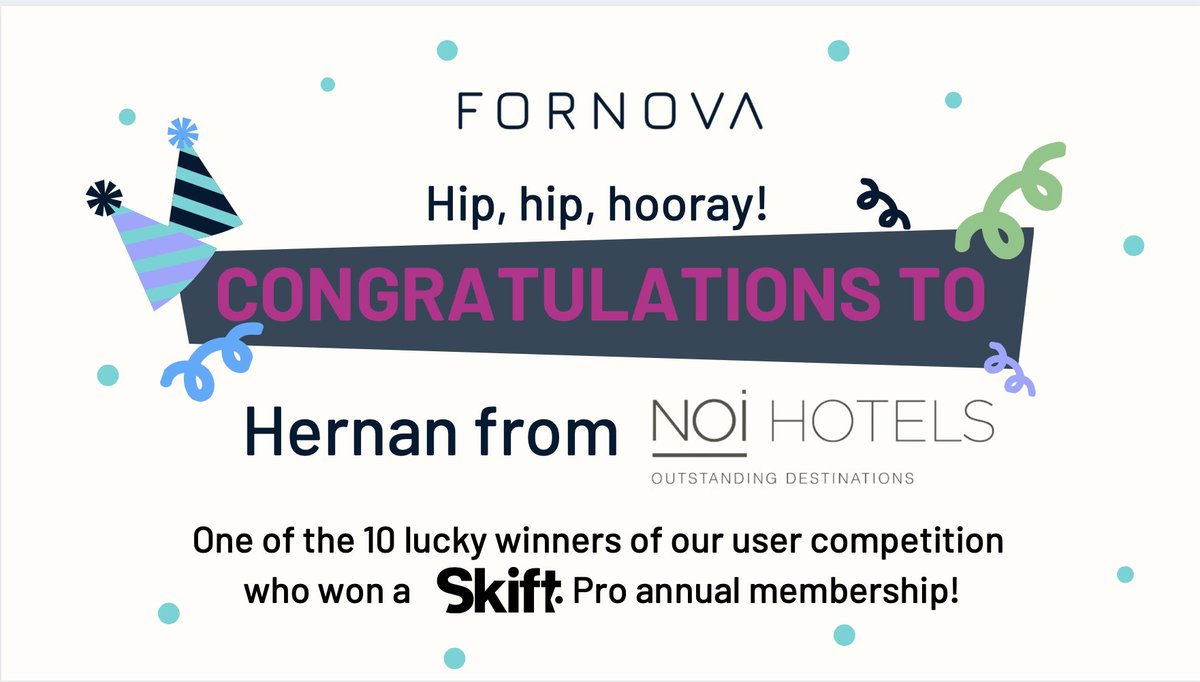 fornova's tweet image. Congratulations to Hernan from @NoiHotels one of ten lucky winners of a @skift membership in our Users&apos; competition. Thanks for taking part and enjoy your membership!

#revenuemanagement #hotelsandresorts #businessintelligencesolutions #hoteltech #hoteltechnology