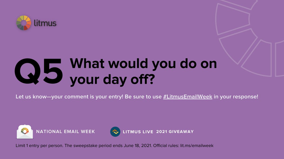 litmusapp's tweet photo. It's the final day of our #EmailWeek festivities ππ’βοΈ While it's Wellness Day at Litmus, we had to ask 1οΈβ£ last question:
π What would YOU do on your day off?
Use #LitmusEmailWeek in your reply (deadline is 3pm ET)! Winner will be notified next week. https://t.co/yM9wRtKXxV https://t.co/JAgb6oHWcA