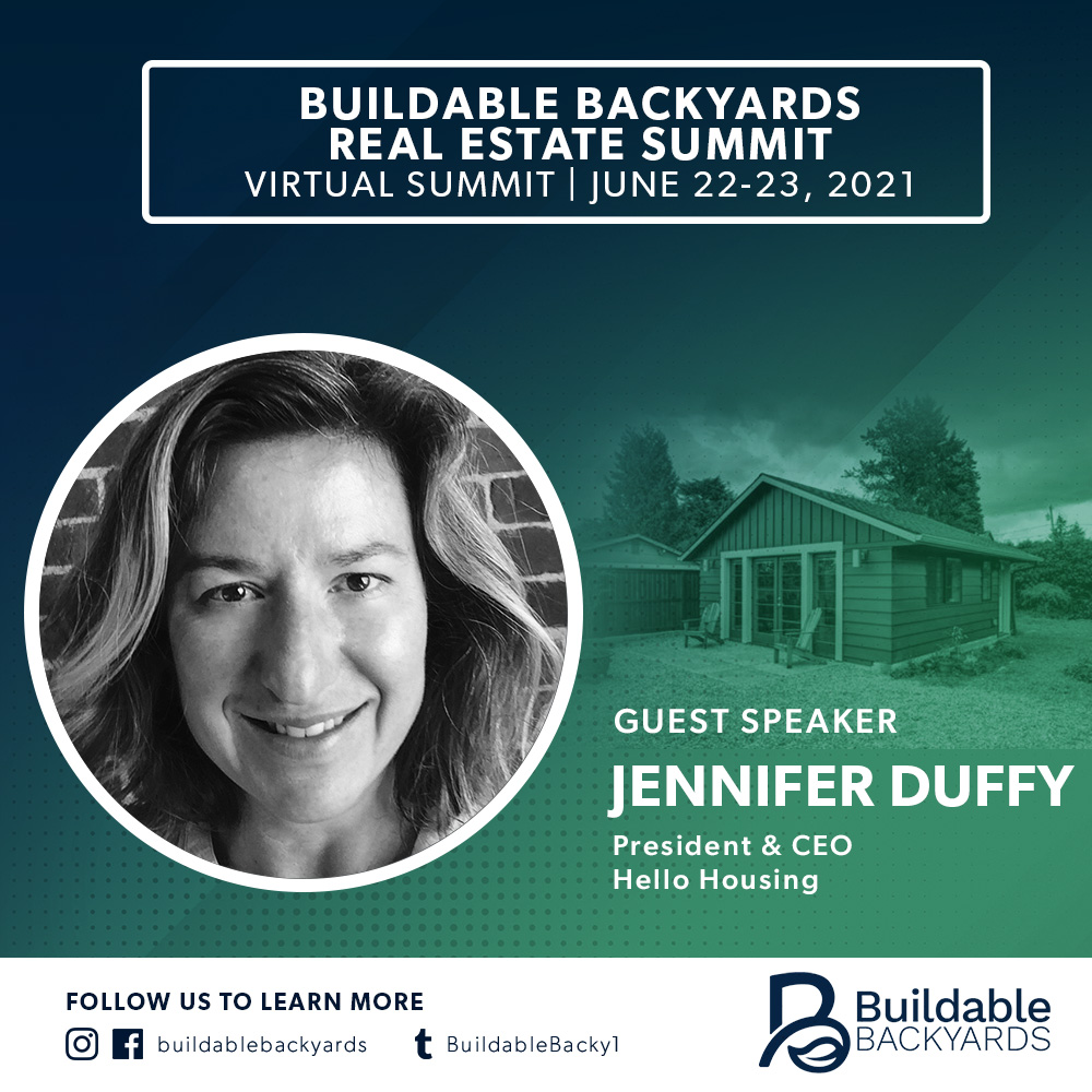 BuildableBacky1's tweet image. We&apos;ve got some amazing speakers for Session 2 of #BuildableBackyards! This session is titled: 
West Coast Partnerships in Practice
Time: June 22, 2021 -  2:30-3:30pm ET
.
Rounding out  Session 2: Jennifer Duffy of Hello Housing! Register today! bit.ly/33cTRHW