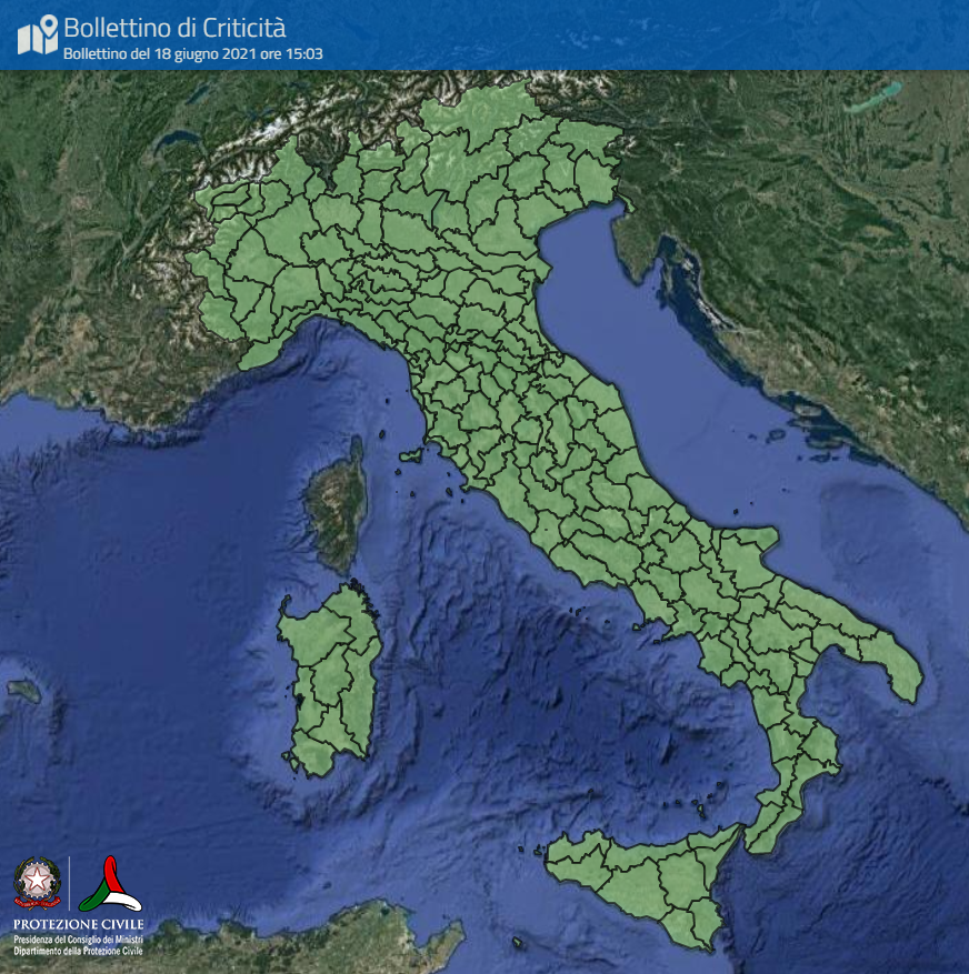 DPCgov's tweet photo. 🔎🔔 L'allerta meteo-idro non indica se piove o c'è il sole ma è una valutazione degli scenari e dei livelli di rischio sul territorio.
🟢 Il colore VERDE significa che per domani, #19giugno, non sono previsti eventi significativi ai fini di #protezionecivile https://t.co/czt1Qoqpo5