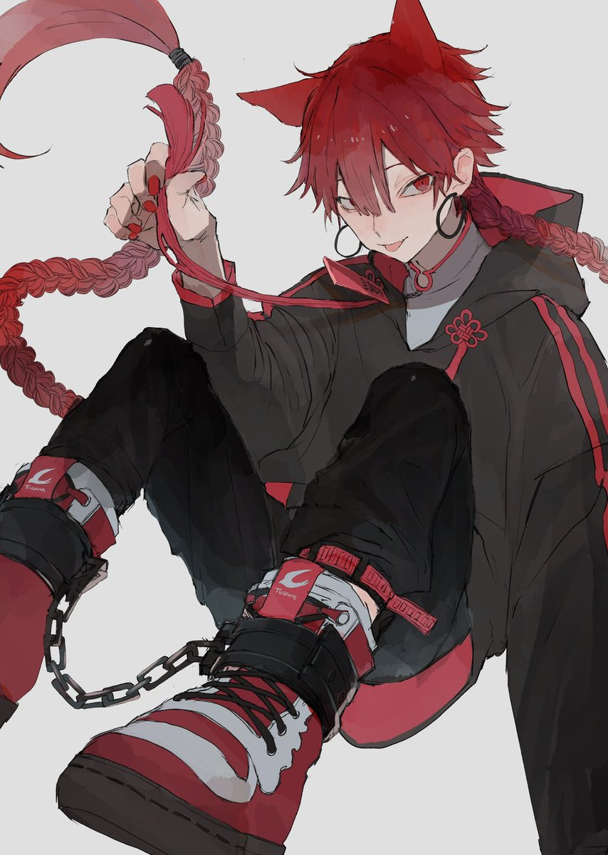 1boy red hair male focus animal ears braid solo earrings  illustration images