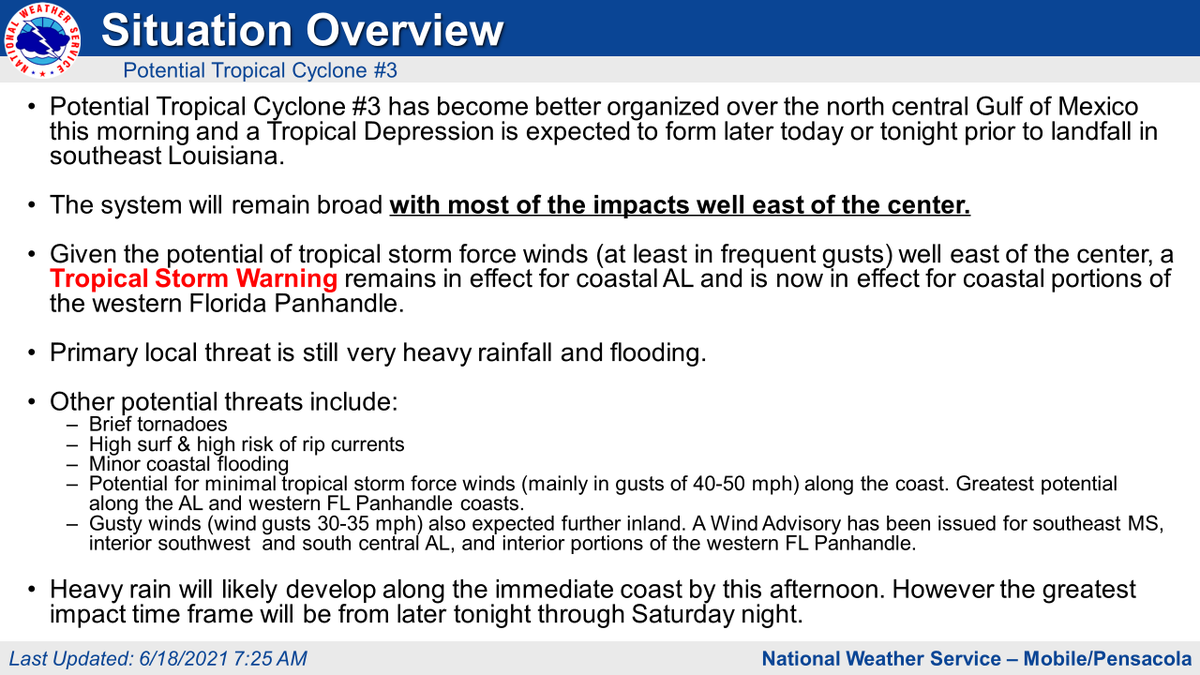 🌀7am Tropical Update (6/18): Potential Tropical Cyclone #3 (PTC3) lifting north over west-central Gulf. Forecast to become minimal tropical storm before landfall on LA coast late tonight/early Sat morning then move NE across inland MS &amp; AL Sat/Sat night. (1/4) #mobwx