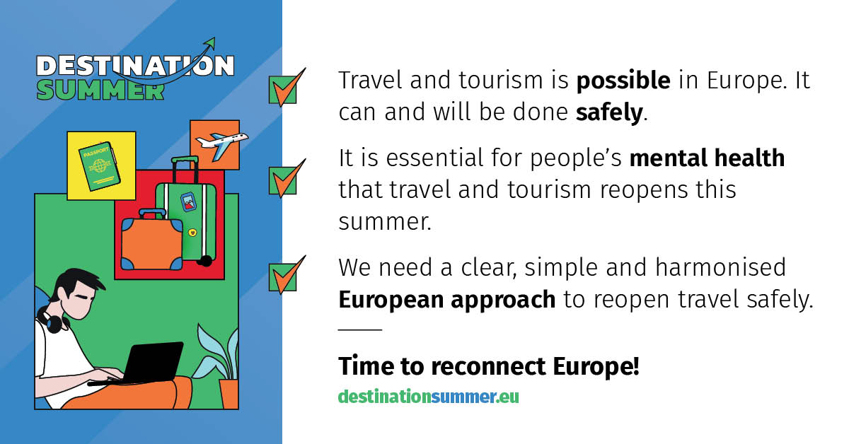 ETRC_'s tweet photo. 🧳Travelling is a cornerstone of European society and culture. 

✅Travelling safely is already possible thanks to the health &amp; safety measures that are already in place. 

🌎Together, lets make the reopening of #travel and #tourism in #Europe a reality! #DestinationSummer https://t.co/SEx06f54Uj