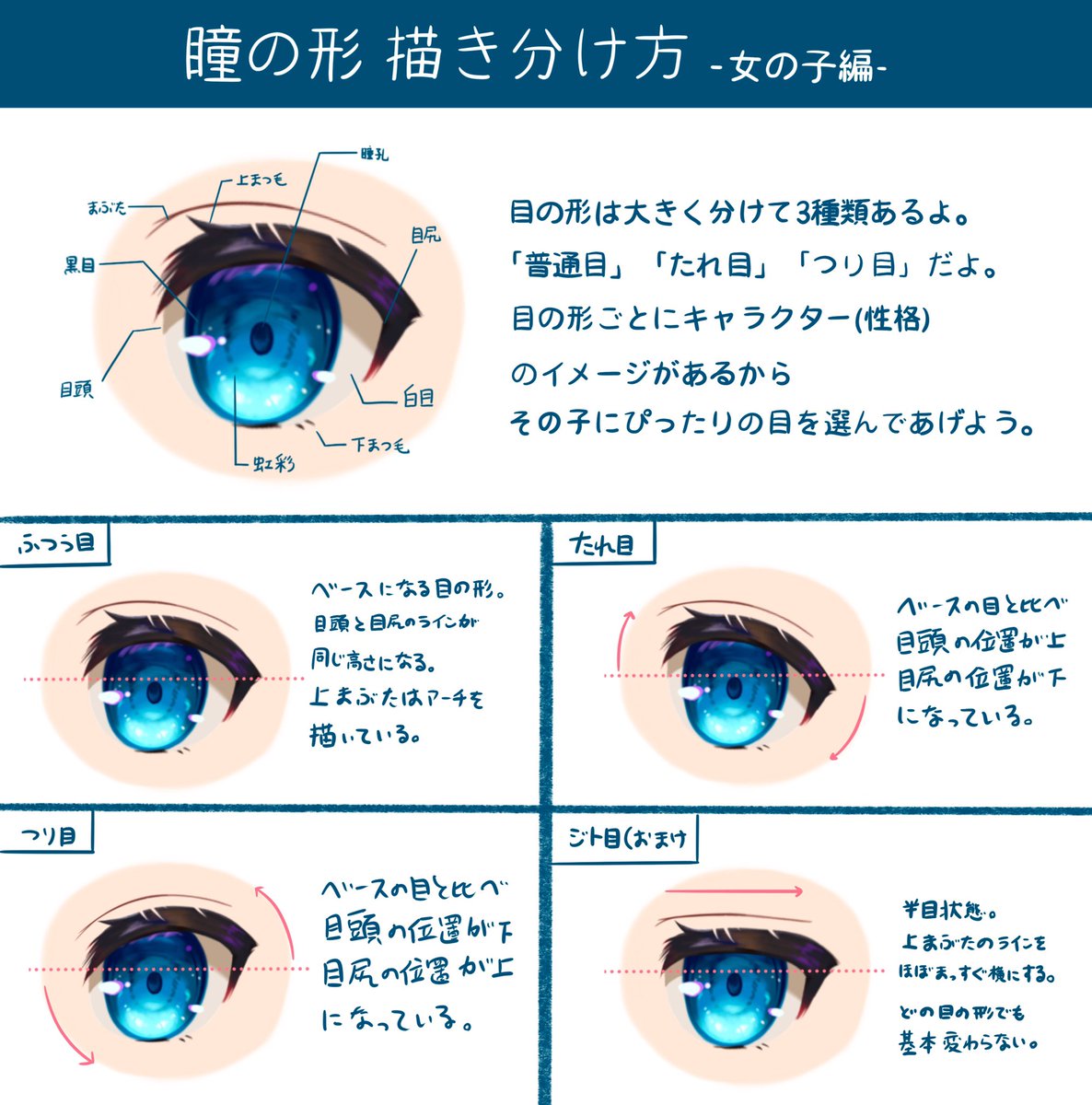 Twitter 上的 青江羽衣 うい 目の描き分け方 女の子編 基本の目の形 普通目 たれ目 つり目 応用の目の形 ジト目 T Co Hvpweolk1q Twitter