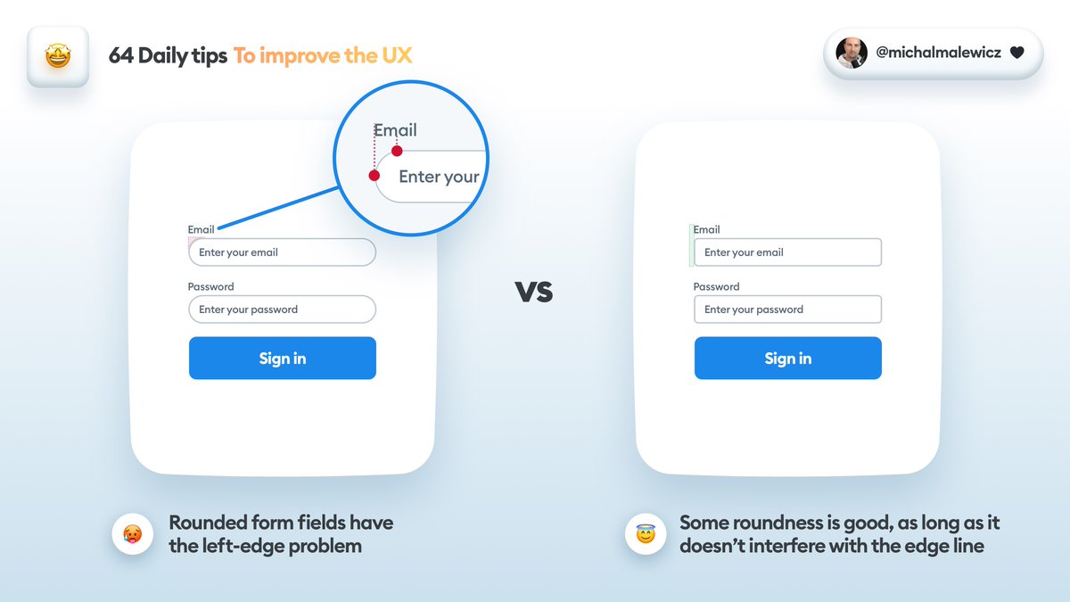 michalmalewicz's tweet photo. 🚨 Design Tip 14:
If you❤️it, share it!🔁

Fully rounded (pill) form fields make our brain wonder where does the label "connect" with the field - at the bottom or the top of the roundness? 

That creates this off "triangle" and slows down processing. 

SOME roundness is ok though https://t.co/4HW3YmU4Wj