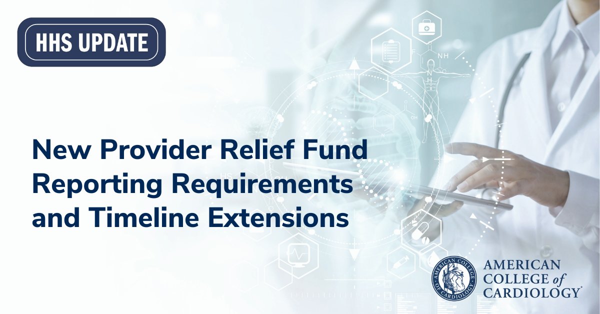 Cardiology's tweet image. #HHSUpdate: the agency released revised reporting requirements for recipients of Provider Relief Fund payments to reduce burdens on smaller practices. Reporting must be complete by Sept. 30, 2021 for payments received prior to June 30, 2020. Get details: bit.ly/2TI5gxE