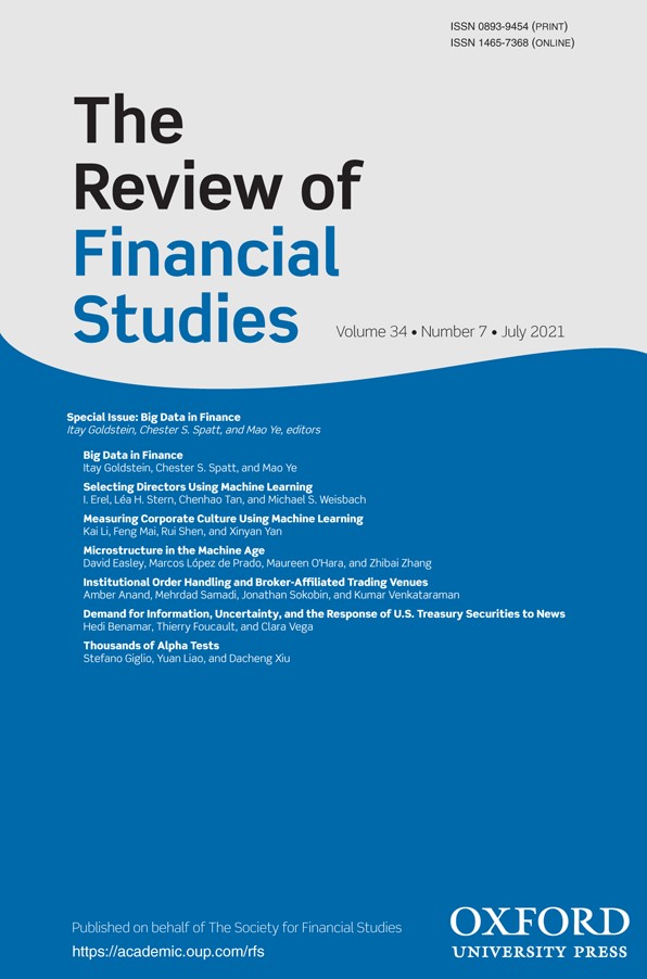 Society for Financial Studies (@sfsjournals) on Twitter photo #SpecialIssue: Big Data in Finance
Edited by Itay Goldstein, Chester S Spatt, Mao Ye
#EditorsChoice: Selecting Directors Using Machine Learning by Isil Erel <a href="/FisherOSU/">Fisher College of Business</a>, Léa Stern <a href="/UWFosterSchool/">UW Foster School of Business</a>, <a href="/ChenhaoTan/">Chenhao Tan</a> <a href="/UChicago/">The University of Chicago</a>, Michael S Weisbach <a href="/FisherOSU/">Fisher College of Business</a>
academic.oup.com/rfs/issue/34/7 #SpecialIssue: Big Data in Finance
Edited by Itay Goldstein, Chester S Spatt, Mao Ye
#EditorsChoice: Selecting Directors Using Machine Learning by Isil Erel <a href="/FisherOSU/">Fisher College of Business</a>, Léa Stern <a href="/UWFosterSchool/">UW Foster School of Business</a>, <a href="/ChenhaoTan/">Chenhao Tan</a> <a href="/UChicago/">The University of Chicago</a>, Michael S Weisbach <a href="/FisherOSU/">Fisher College of Business</a>
academic.oup.com/rfs/issue/34/7