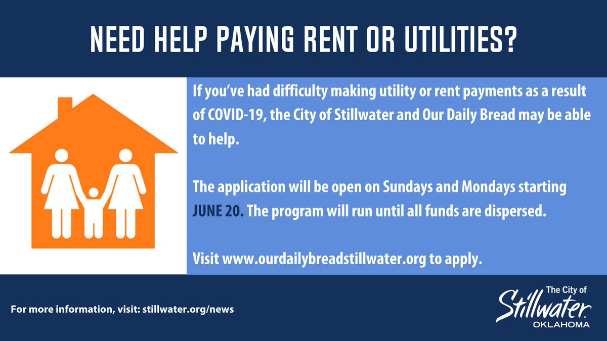 Phase 2 of Stillwater's COVID-19 utility and rent assistance program launches this Sunday, June 20.

Read more about the new application process: stillwater.org/news/view/id/7… #StwOK