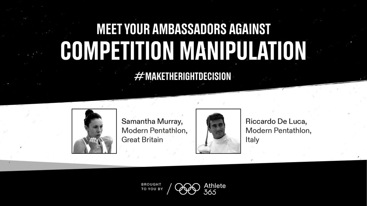 WorldPentathlon's tweet photo. Very proud to announce #ModernPentathlon athletes Sam &amp; Riccardo have become official ambassadors in the fight against Competition manipulation 🙌

They join @Athlete365 campaign to defend fundamental values and support all athletes to #MakeTheRightDecision in the sporting world! https://t.co/3r6rLvpplm