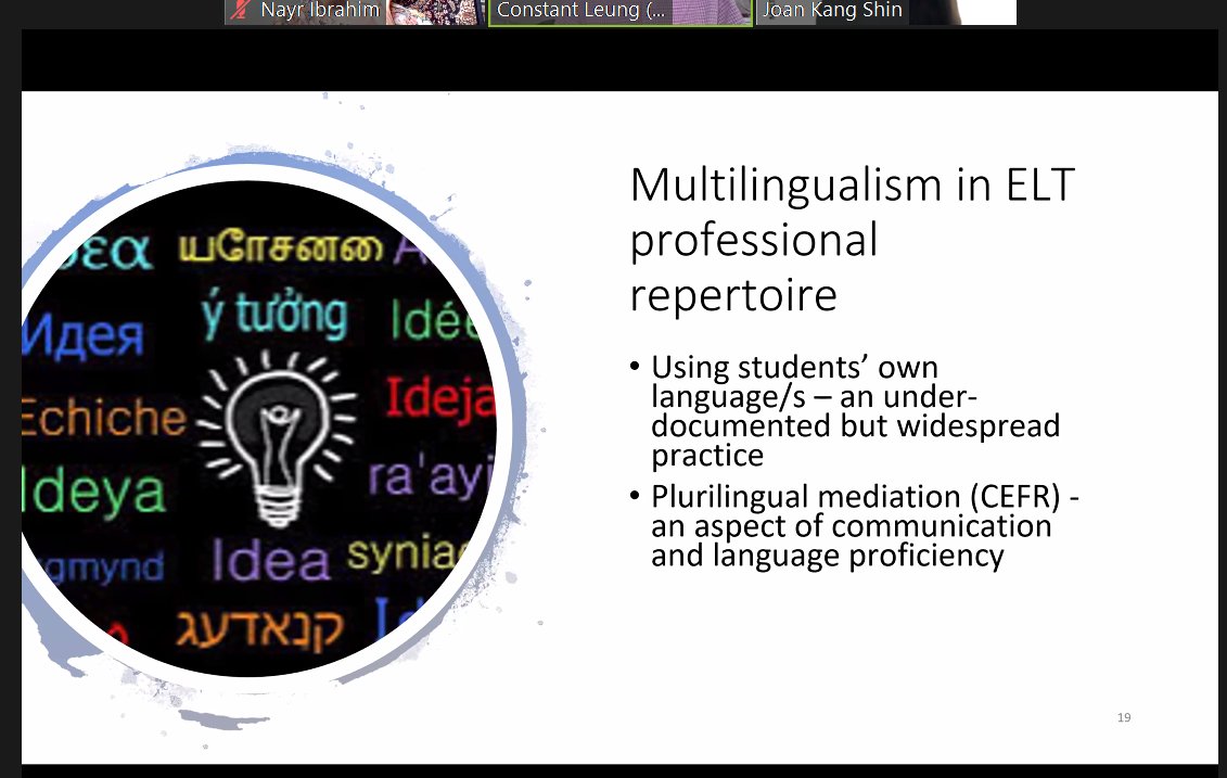 NayrIbrahim's tweet photo. Thank you @iatefl_yltsig for a rich, thought-provoking focus on multilingualism in the PCE, with great talks by Constant Leung, Lijuan Shi @hwc001 @LeketiMakalela and Canaan Marasligil. #mutlilingualism #sharinglanguages https://t.co/SzwQGKsYgt