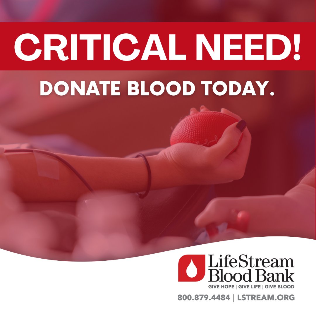 SBCounty's tweet photo. LifeStream Blood Bank is experiencing a critical blood shortage. Our community IS NOT prepared for a large-scale emergency or mass casualty event. Call 800-879-4484 or visit https://t.co/pcuVKyPzuq to set an appointment. DON’T DELAY – ACT NOW. #lifestreambloodbank https://t.co/sQxwCXGQpI