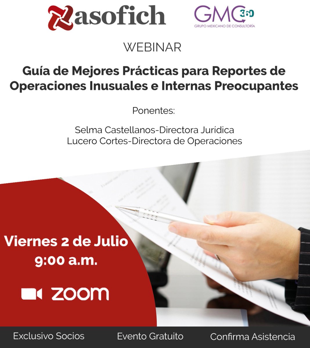 GMC360_'s tweet photo. 😉Guía de Mejores Prácticas para Reportes de Operaciones Inusuales e Internas Preocupantes. Horario: 09:00 a. m. (Chihuahua), 10:00 a. m. (CDMX). 👉Nota: invitación exclusiva para socios de Asofich. Confirma tu asistencia al correo: info@asofich.com 👌 #Asofich #GMC360 #webinar https://t.co/McfbSPgFQZ