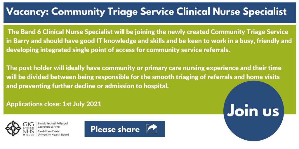 CV_UHB's tweet photo. We are looking for a Clinical Nurse Specialist to join our newly created Community Triage Service in Barry!

More information and details of how to apply can be found below 👇
https://t.co/gYFPB977Qo

#NHSJobs #CAVJobs #TrainWorkLive https://t.co/G7HvFMdgxA