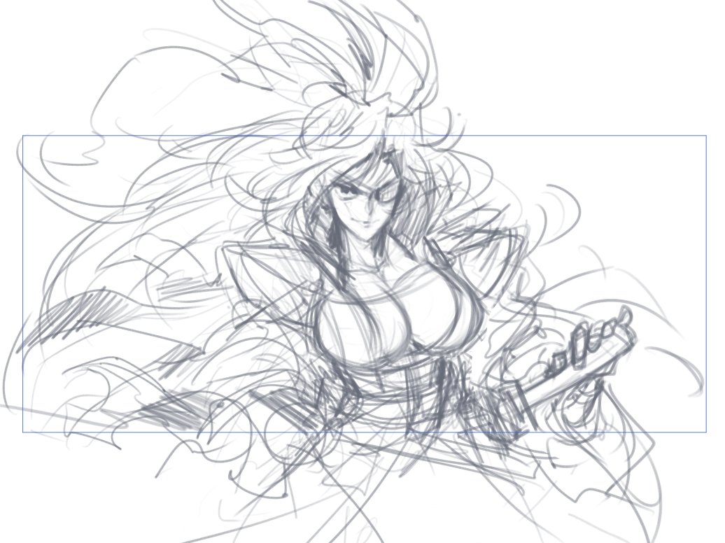 Here are some roughs from last year and how it all started! (for those who like to see the rough chicken scratch layouts)

#Baiken #GuiltyGear 